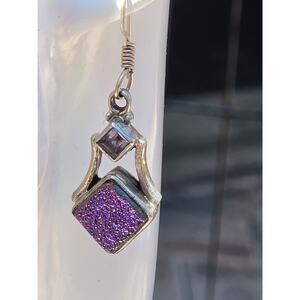 Vintage Sterling Silver Amethyst & Rainbow Druzy French Wire Dangle Earrings